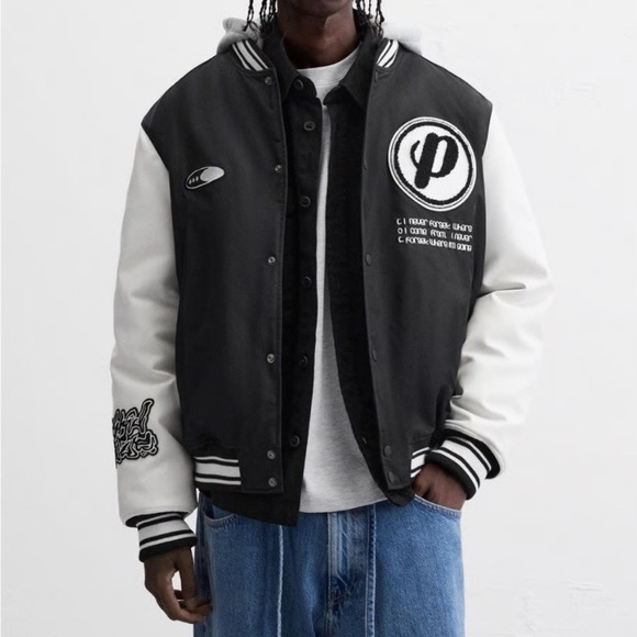 NEW! Zara Black and White Varsity Jacket with Hoodie - Picture 4 of 12